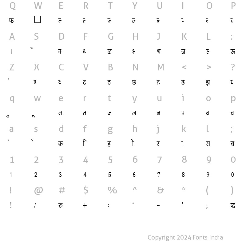 Character Map of Kruti Dev 044 Regular