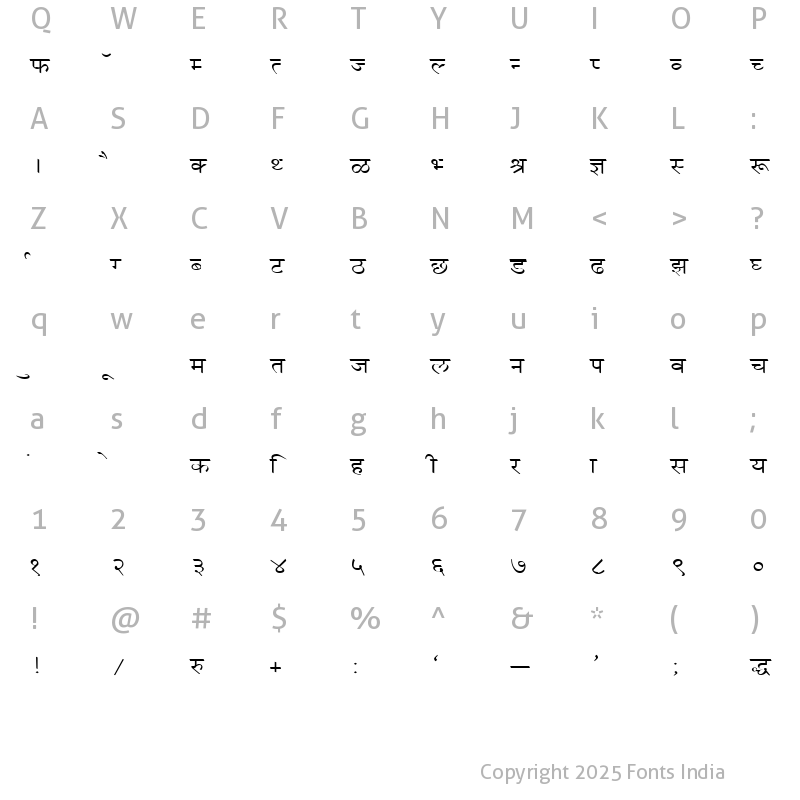 Character Map of Kruti Dev 055 Regular