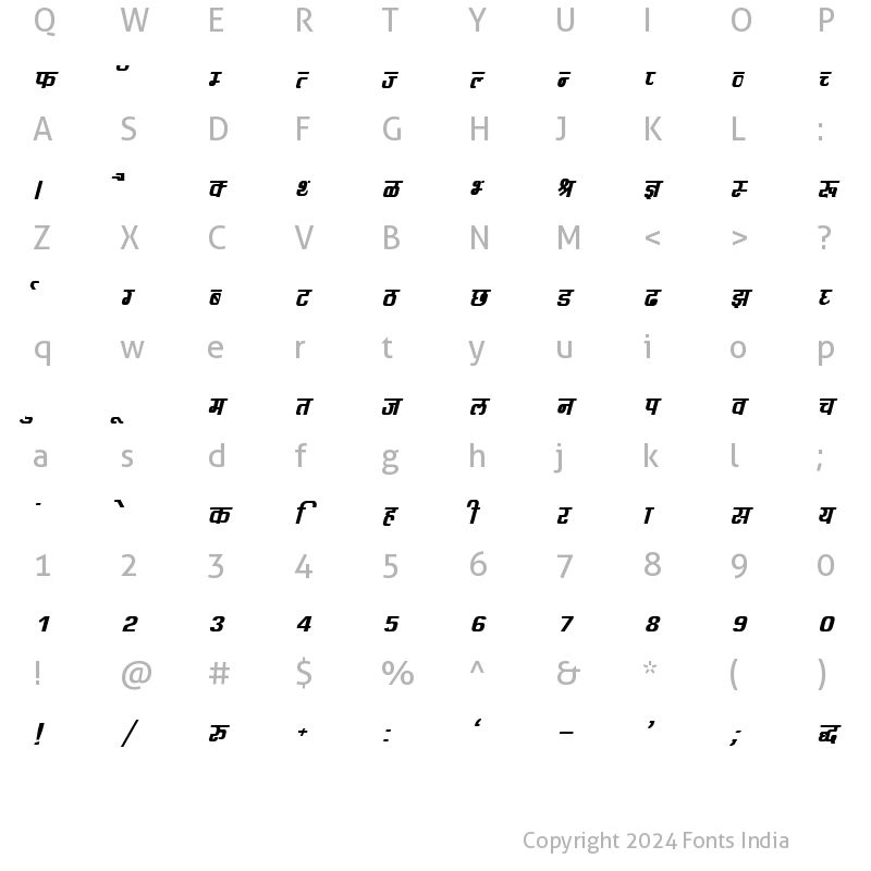 Character Map of Kruti Dev 060 Bold Italic