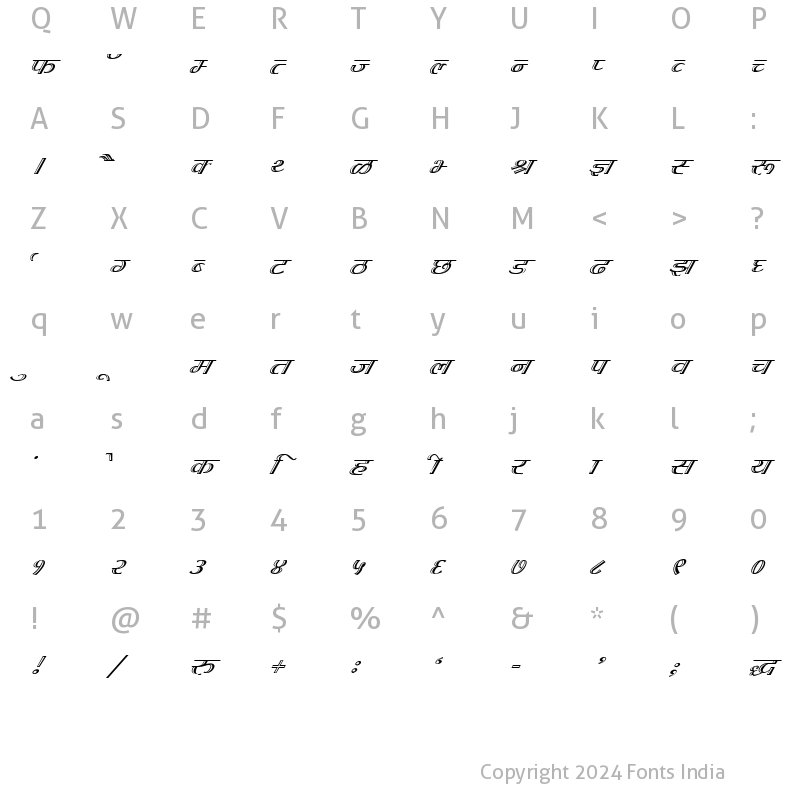 Character Map of Kruti Dev 070 Italic
