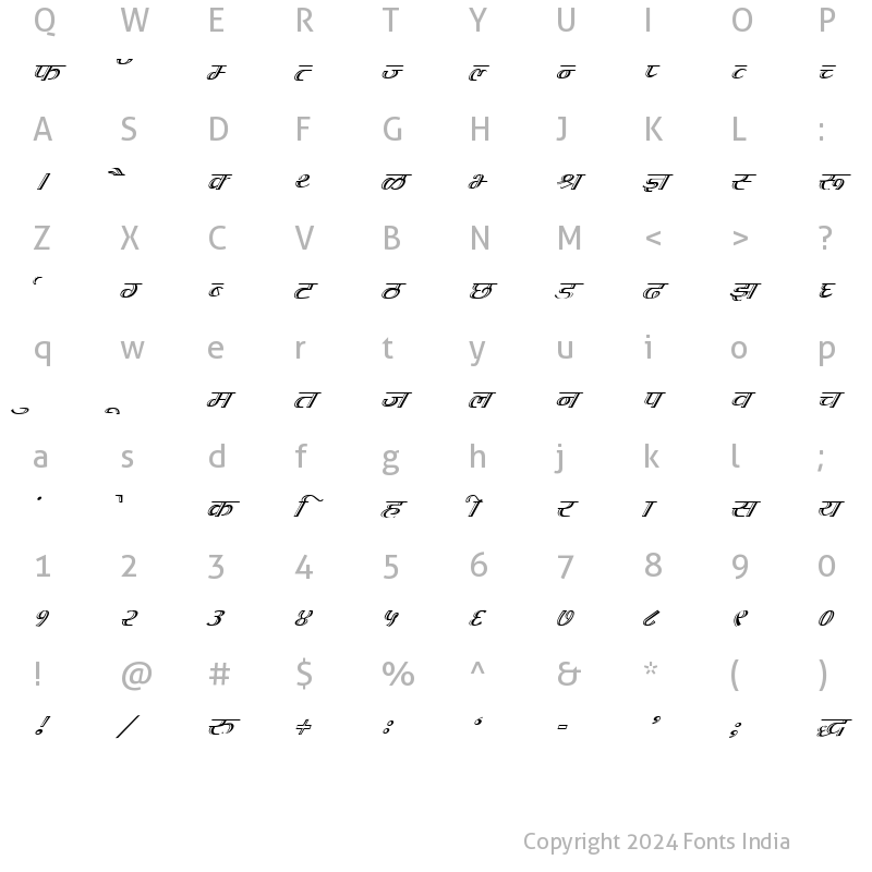 Character Map of Kruti Dev 072 Italic