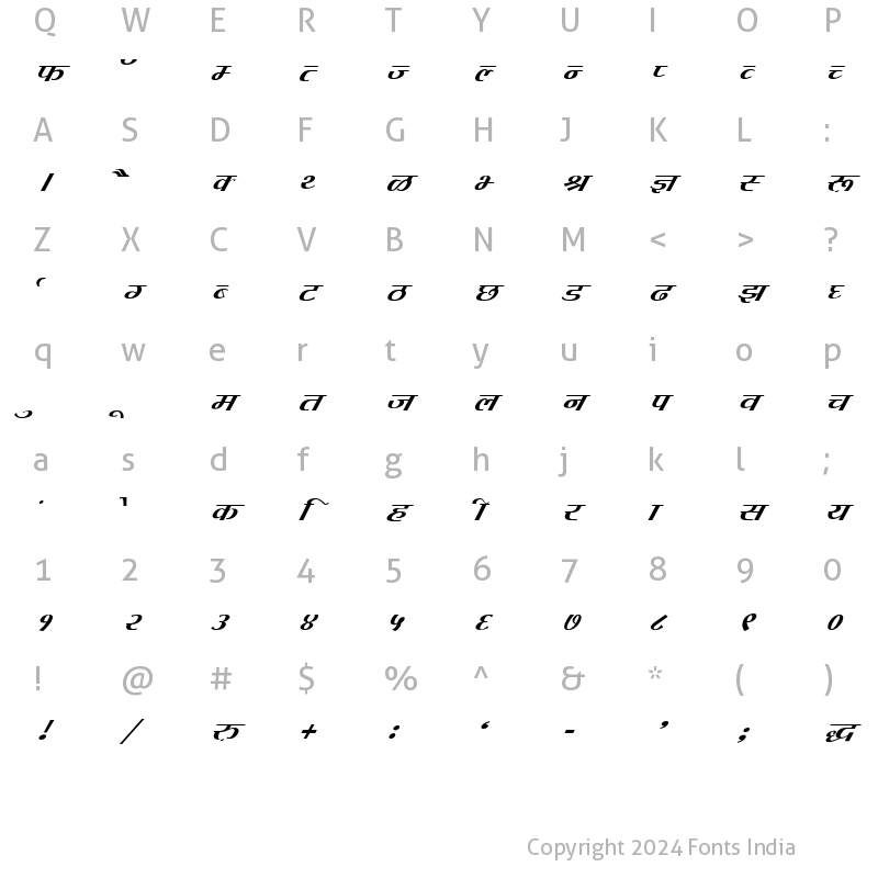 Character Map of Kruti Dev 080 Italic