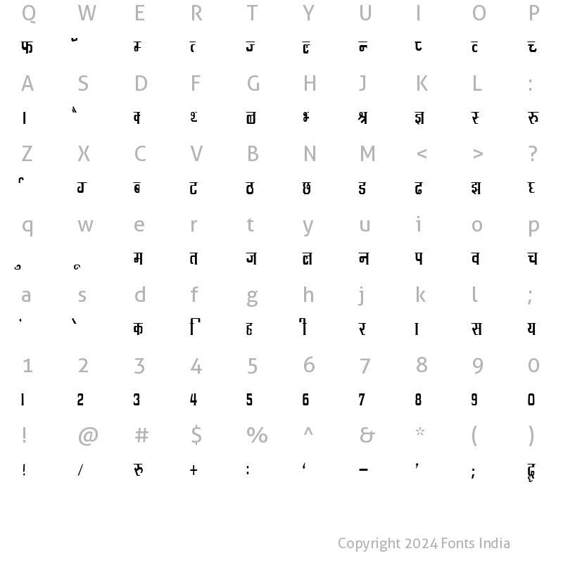 Character Map of Kruti Dev 090 Condensed Regular