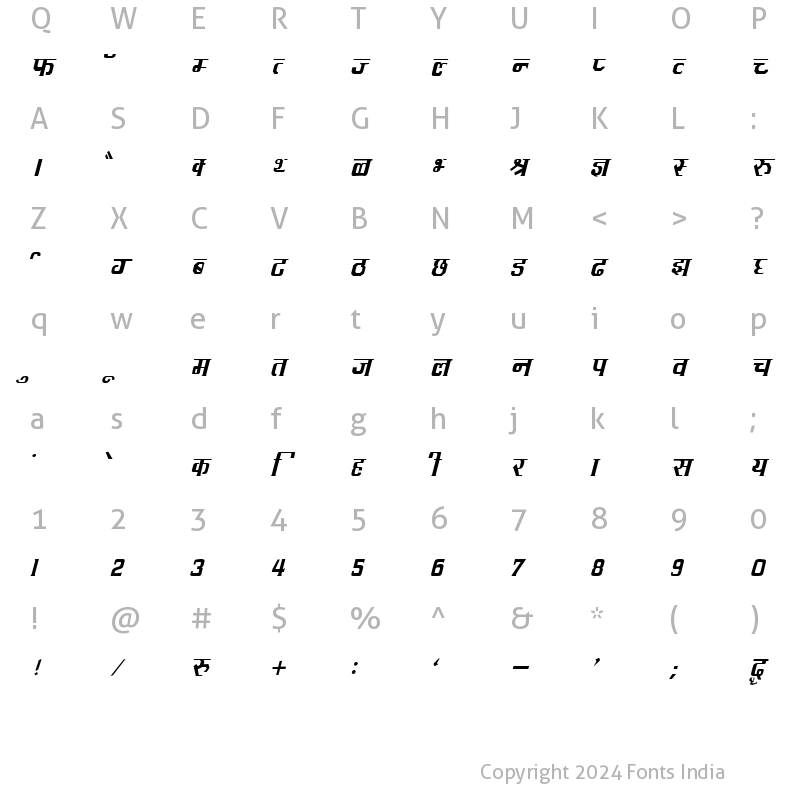 Character Map of Kruti Dev 092 Italic