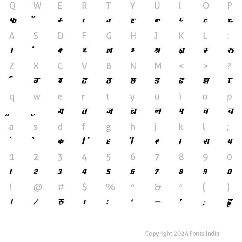 Character Map of Kruti Dev 093 Bold Italic