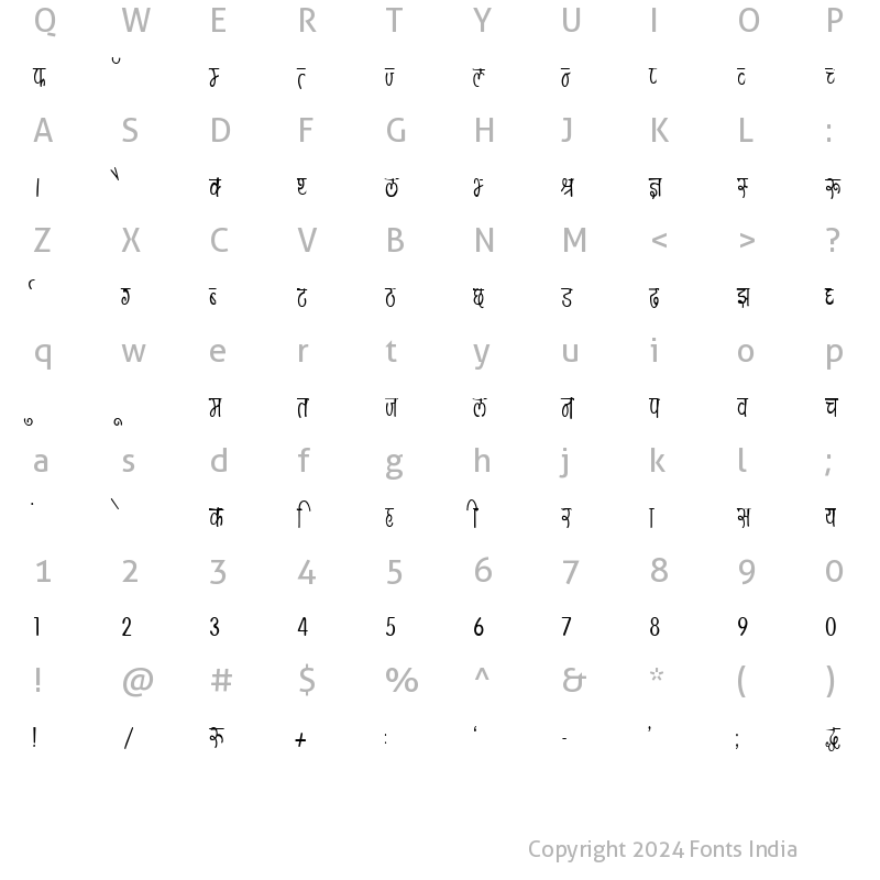 Character Map of Kruti Dev 150 Condensed Regular