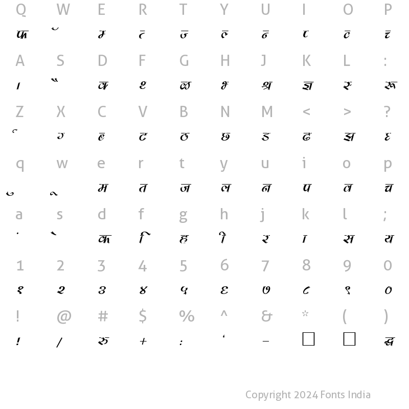 Character Map of Kruti Dev 182 Italic