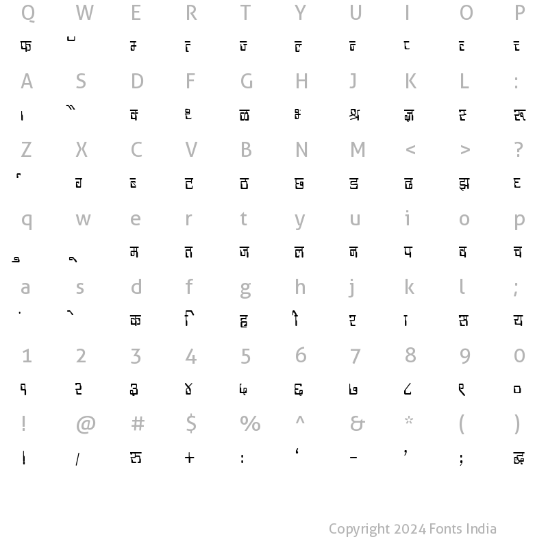 Character Map of Kruti Dev 190 Condensed Regular