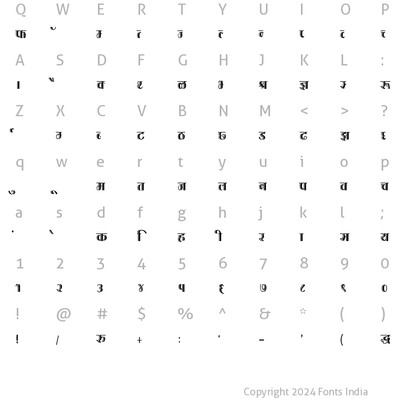 Character Map of Kruti Dev 200 Condensed Regular