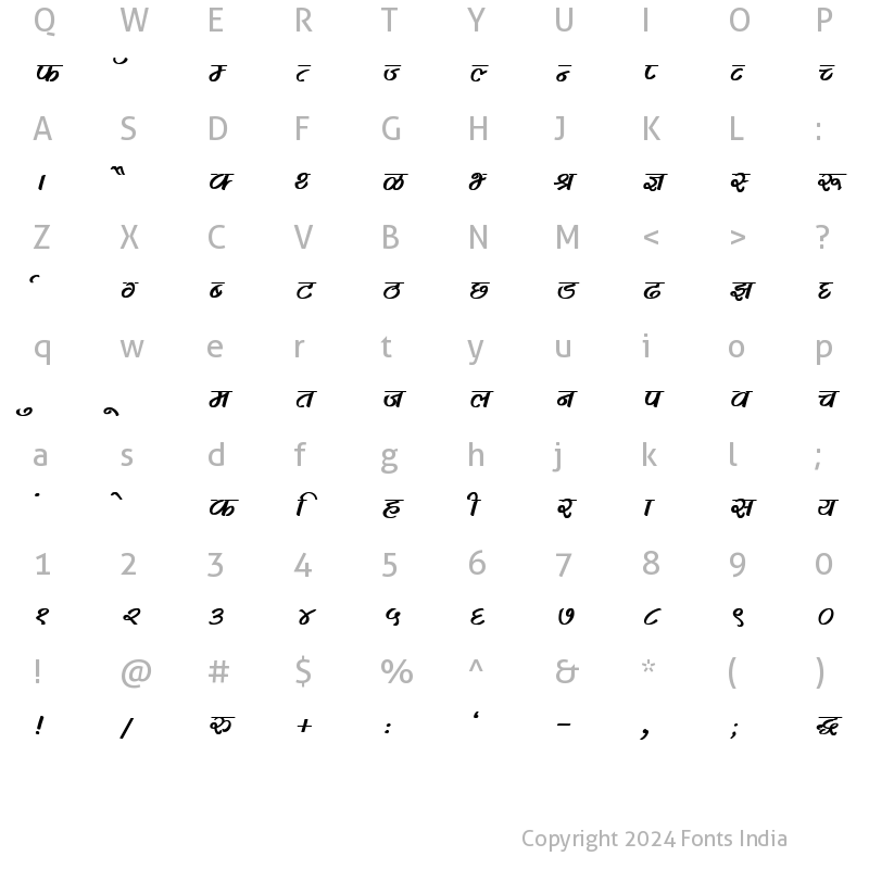 Character Map of Kruti Dev 280 Bold Italic