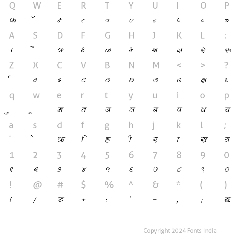 Character Map of Kruti Dev 280 Italic