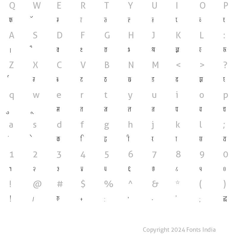 Character Map of Kruti Dev 340 Condensed Regular
