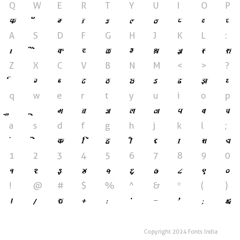 Character Map of Kruti Dev 353 Bold Italic