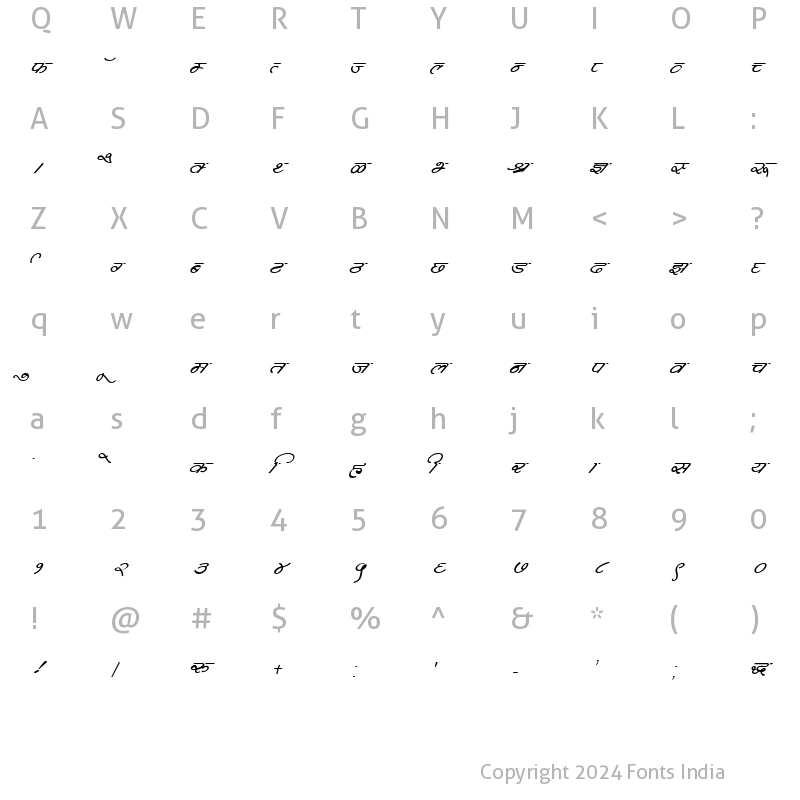 Character Map of Kruti Dev 362 Italic