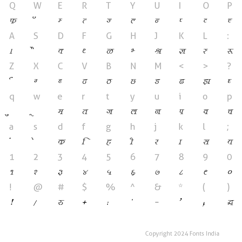 Character Map of Kruti Dev 382 Italic