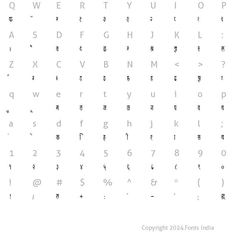 Character Map of Kruti Dev 390 Condensed Regular