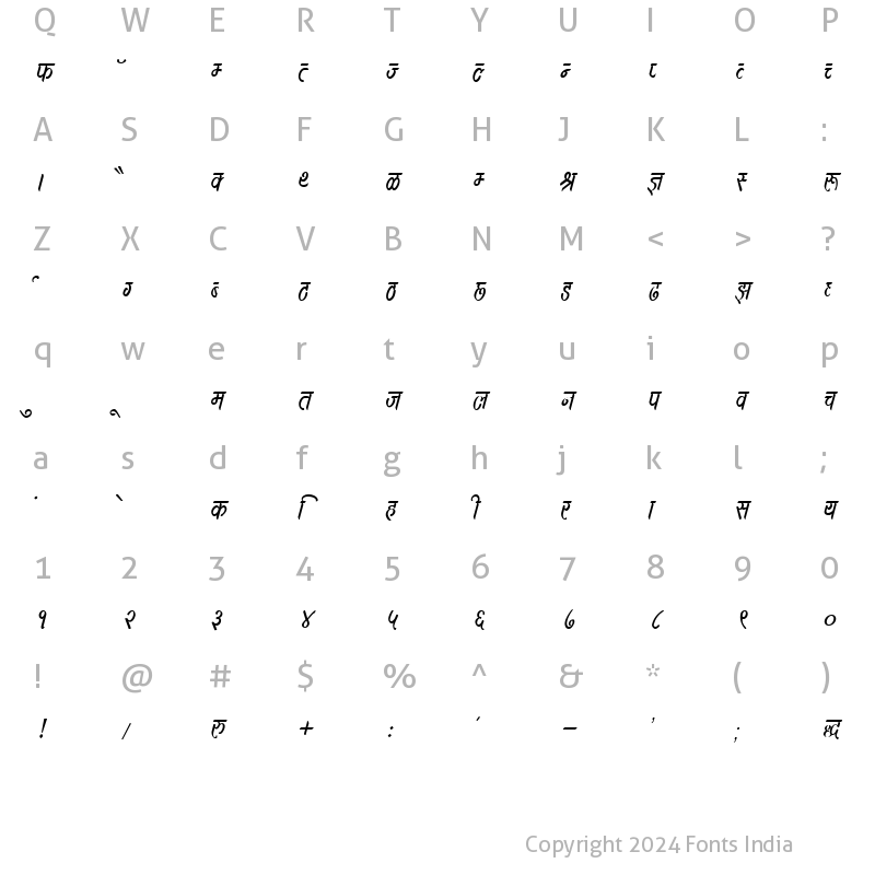 Character Map of Kruti Dev 392 Italic