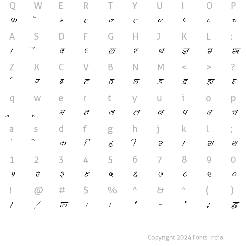 Character Map of Kruti Dev 560 Italic