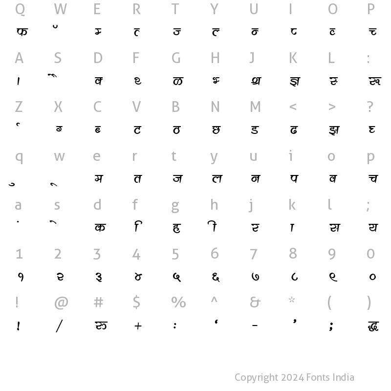 Character Map of Kruti Dev 561 Bold