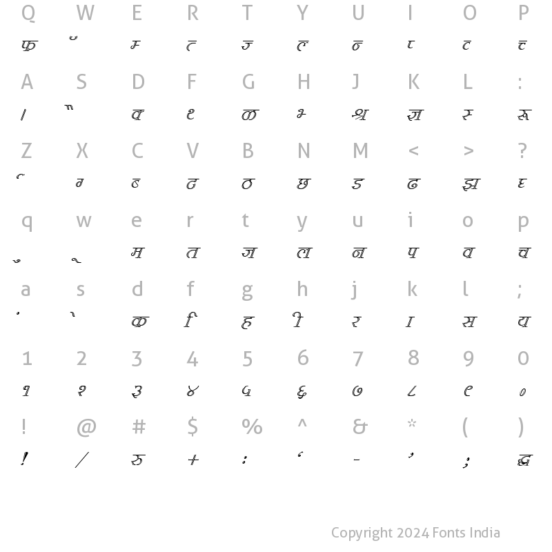 Character Map of Kruti Dev 611 Italic