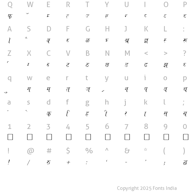 Character Map of Kruti Dev 662 Normal